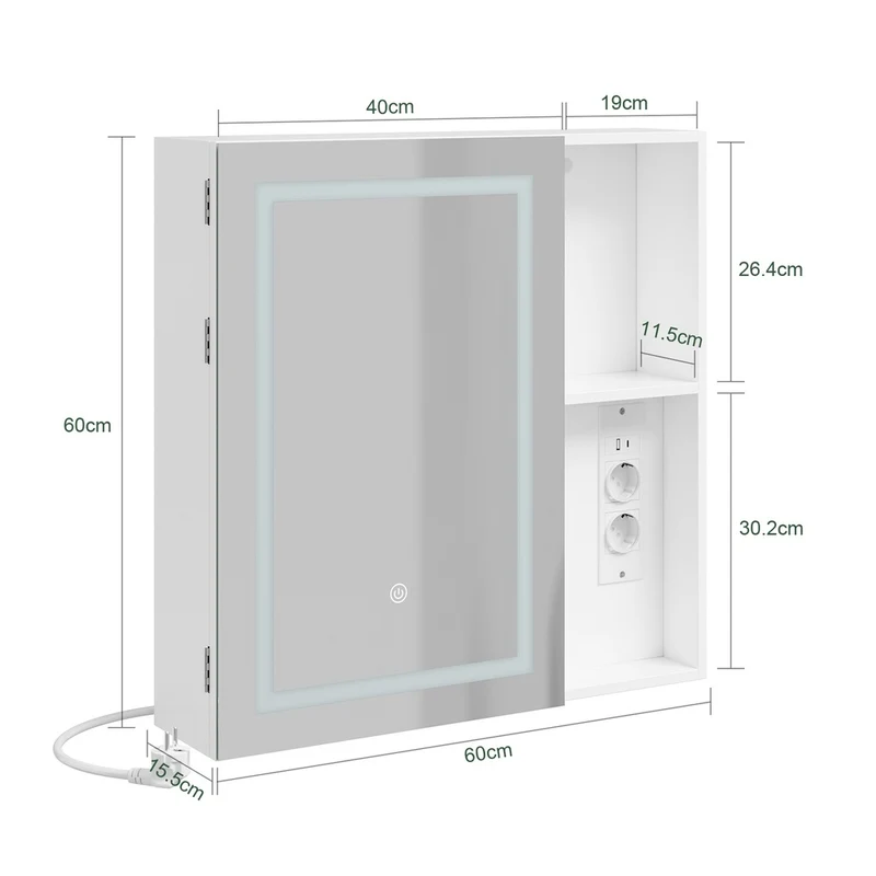 SoBuy | Hangeschrank | Spiegelschrank Bad mit LED-Beleuchtung und Steckdose | White | BZR239-E-W