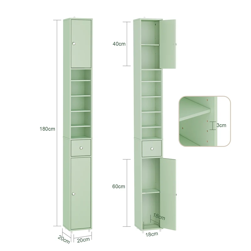 SoBuy | Badezimmer Hochschrank Schmal | mit Verstellbare Ablagen | Hellgrün | 20x180x20cm BZR34-II-GR