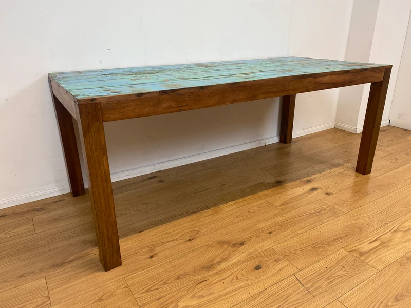 Einzigartiger 200x90cm großer meeresblauer Esstisch handgefertigt aus altem Bootsholz I Teakholz massiv I Tisch Küchentisch Gartentisch Holztisch Dining Table I