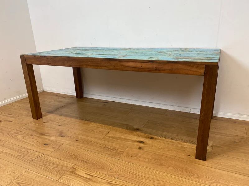 Einzigartiger 200x90cm großer meeresblauer Esstisch handgefertigt aus altem Bootsholz I Teakholz massiv I Tisch Küchentisch Gartentisch Holztisch Dining Table I