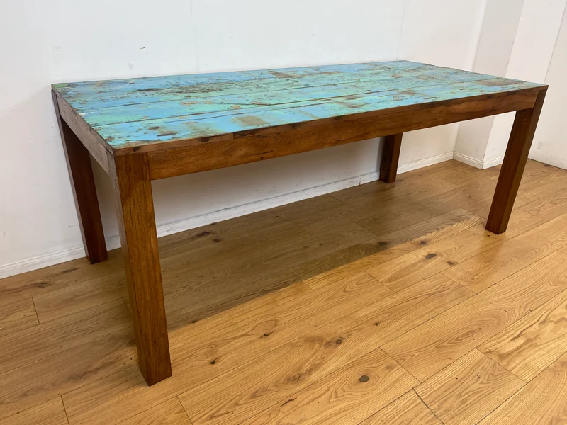 Einzigartiger 200x90cm großer meeresblauer Esstisch handgefertigt aus altem Bootsholz I Teakholz massiv I Tisch Küchentisch Gartentisch Holztisch Dining Table I