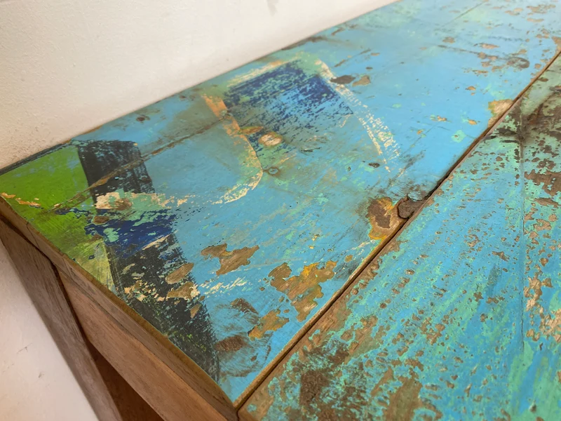 Einzigartiger 200x90cm großer meeresblauer Esstisch handgefertigt aus altem Bootsholz I Teakholz massiv I Tisch Küchentisch Gartentisch Holztisch Dining Table I