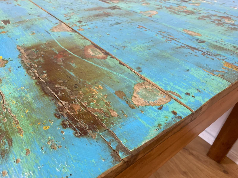 Einzigartiger 200x90cm großer meeresblauer Esstisch handgefertigt aus altem Bootsholz I Teakholz massiv I Tisch Küchentisch Gartentisch Holztisch Dining Table I