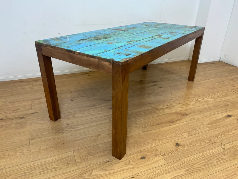 Einzigartiger 200x90cm großer meeresblauer Esstisch handgefertigt aus altem Bootsholz I Teakholz massiv I Tisch Küchentisch Gartentisch Holztisch Dining Table I