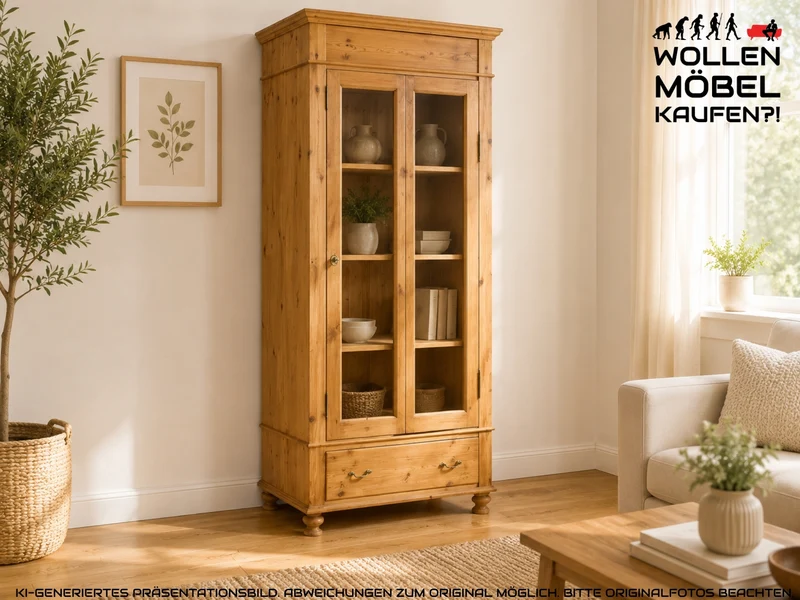 WMK I Eleganter antiker Schrank aus massivem Kiefernholz mit Glastüren & Schublade