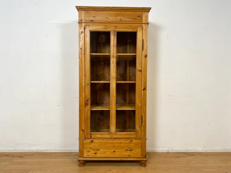 WMK I Eleganter antiker Schrank aus massivem Kiefernholz mit Glastüren & Schublade