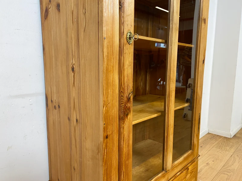 WMK I Eleganter antiker Schrank aus massivem Kiefernholz mit Glastüren & Schublade