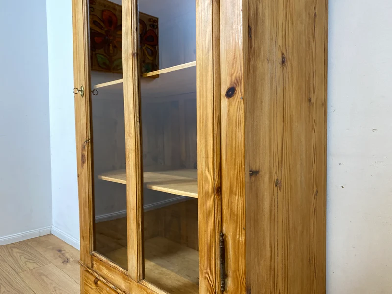 WMK I Eleganter antiker Schrank aus massivem Kiefernholz mit Glastüren & Schublade