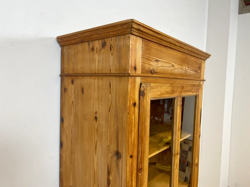 WMK I Eleganter antiker Schrank aus massivem Kiefernholz mit Glastüren & Schublade