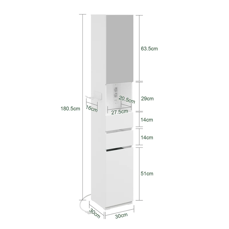 SoBuy | Badezimmer Hochschrank | Badezimmerschrank schmal mit Spiegeltür und | White | BZR240-E-W