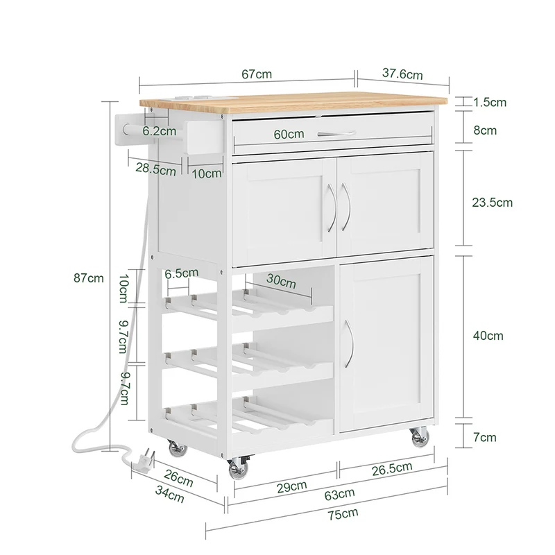 SoBuy Küchenwagen mit Steckdose Weiß mit Rollen und austauschbaren Standfüßen 75x37,6x86,5 cm FKW45-E-WN