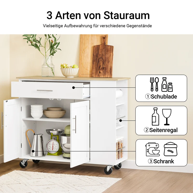 SoBuy Kücheninsel Rollbar mit Arbeitsplatte Weiß FKW133-WN