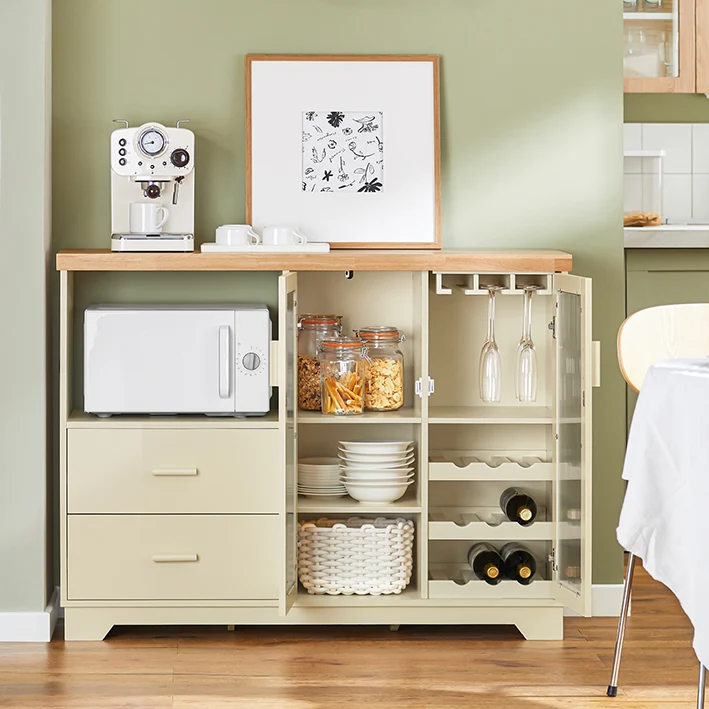 SoBuy | Sideboard mit 2 Glastüren | Küchenschrank | Vitrinen & Vitrinenschränke | Beige | FSB81-MI