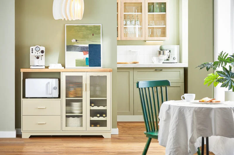 SoBuy | Sideboard mit 2 Glastüren | Küchenschrank | Vitrinen & Vitrinenschränke | Beige | FSB81-MI