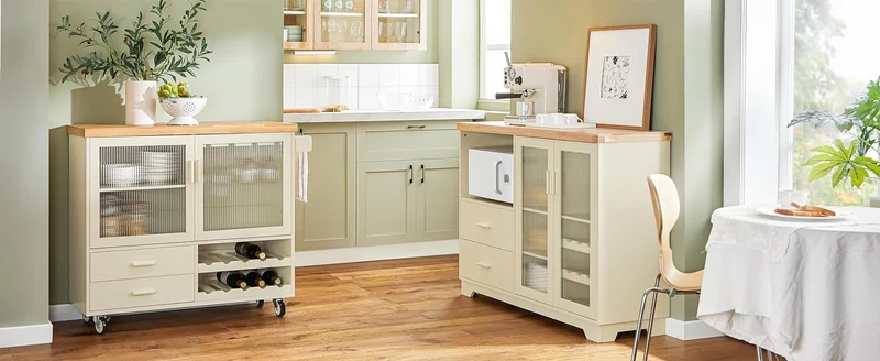 SoBuy | Sideboard mit 2 Glastüren | Küchenschrank | Vitrinen & Vitrinenschränke | Beige | FSB81-MI