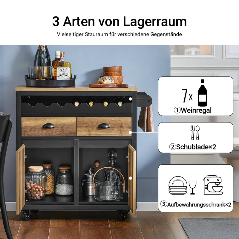 SoBuy | Küchenwagen mit Flaschenablage | Servierwagen Kücheninsel | Vintagebraun | FKW122-SCH