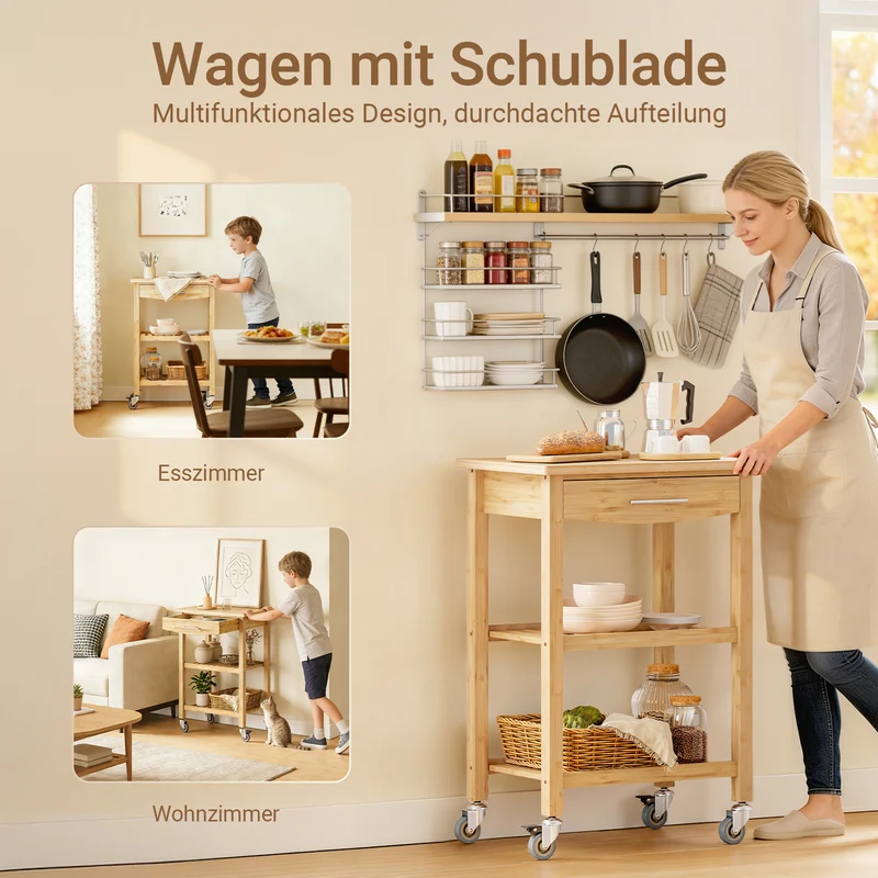 SoBuy | Küchenwagen aus karbonisiertem | Bambus | 58×86×40cm | FKW135-N