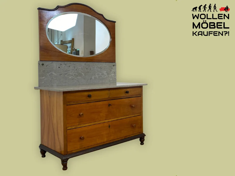 Edler antiker Waschtisch Schrank mit Spiegel & Marmor I Vollholz I Spiegelkommode Anrichte Schubladenkommode Marmorkommode Schminkkommode Frisierkommode Kommode Wäschekommode Vintage Jugendstil