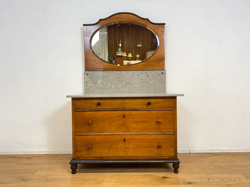 Edler antiker Waschtisch Schrank mit Spiegel & Marmor I Vollholz I Spiegelkommode Anrichte Schubladenkommode Marmorkommode Schminkkommode Frisierkommode Kommode Wäschekommode Vintage Jugendstil