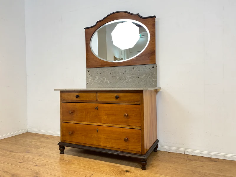 Edler antiker Waschtisch Schrank mit Spiegel & Marmor I Vollholz I Spiegelkommode Anrichte Schubladenkommode Marmorkommode Schminkkommode Frisierkommode Kommode Wäschekommode Vintage Jugendstil