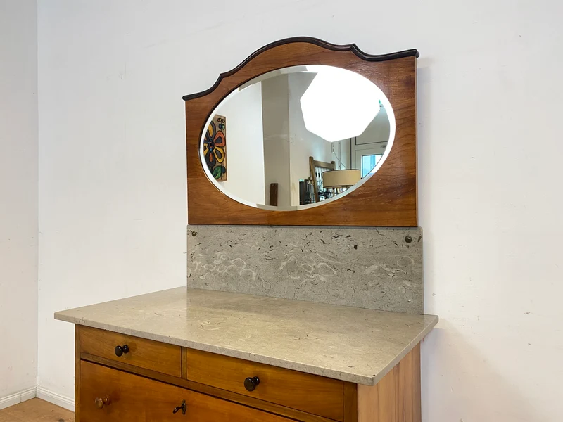 Edler antiker Waschtisch Schrank mit Spiegel & Marmor I Vollholz I Spiegelkommode Anrichte Schubladenkommode Marmorkommode Schminkkommode Frisierkommode Kommode Wäschekommode Vintage Jugendstil