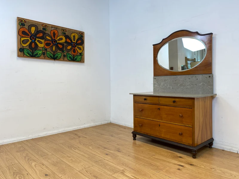 Edler antiker Waschtisch Schrank mit Spiegel & Marmor I Vollholz I Spiegelkommode Anrichte Schubladenkommode Marmorkommode Schminkkommode Frisierkommode Kommode Wäschekommode Vintage Jugendstil