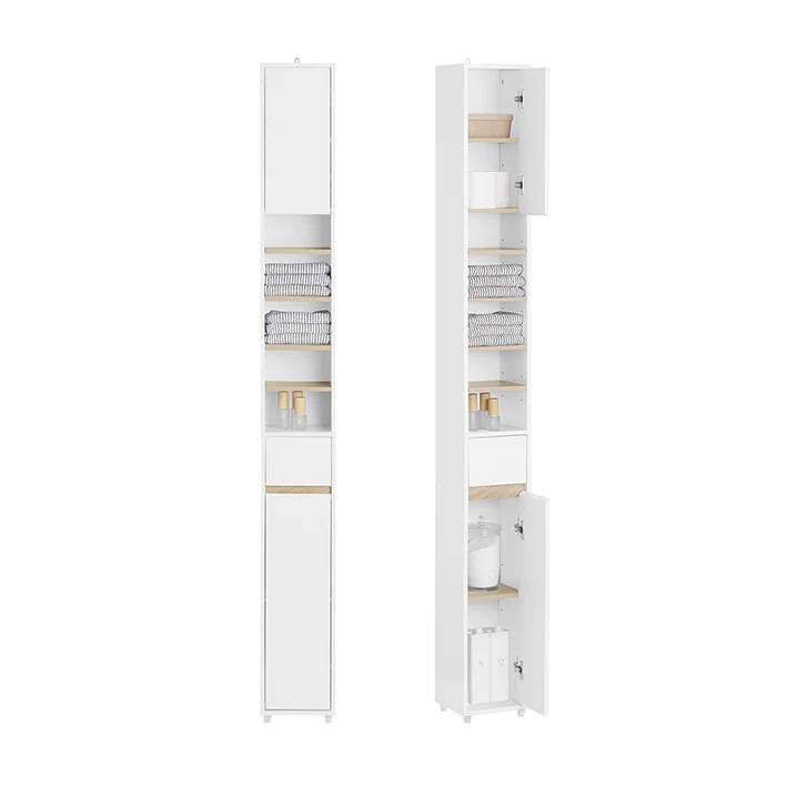 SoBuy | Bad Hochschrank Schmal 20cm | 5 Fächer & Schublade | Weiß-Natur BZR34-WN
