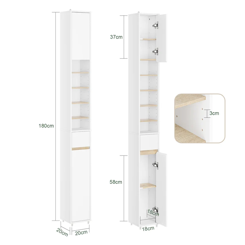 SoBuy | Bad Hochschrank Schmal 20cm | 5 Fächer & Schublade | Weiß-Natur BZR34-WN
