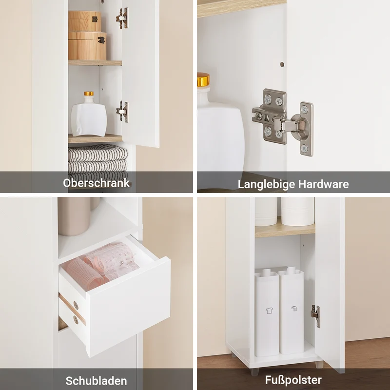 SoBuy | Bad Hochschrank Schmal 20cm | 5 Fächer & Schublade | Weiß-Natur BZR34-WN