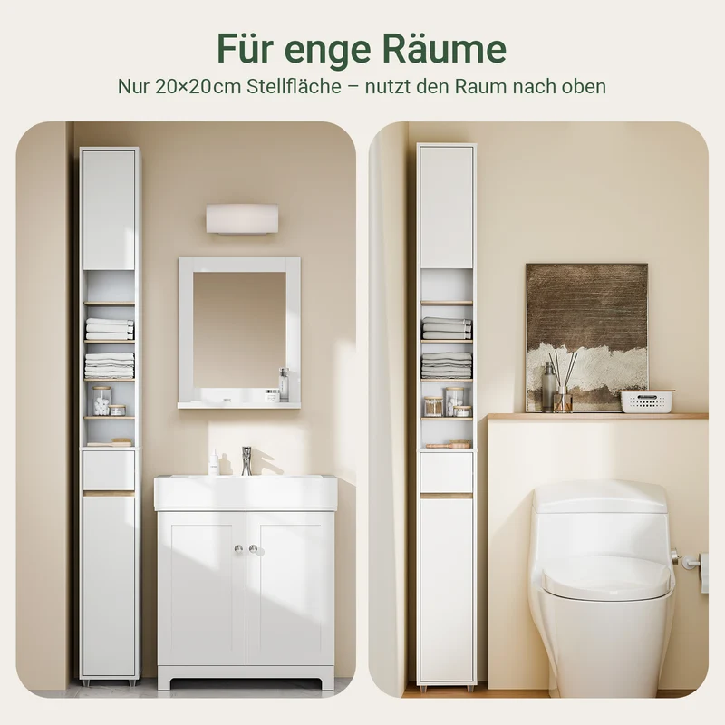 SoBuy | Bad Hochschrank Schmal 20cm | 5 Fächer & Schublade | Weiß-Natur BZR34-WN