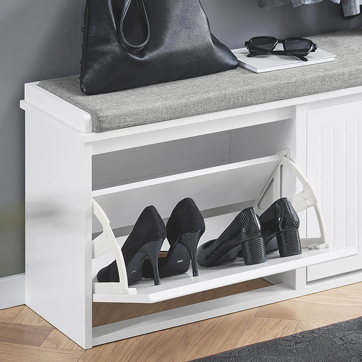 SoBuy | Schuhschrank mit 2 Klappen | Schuhbank mit Sitzkissen | Weiß | FSR98-XL-W