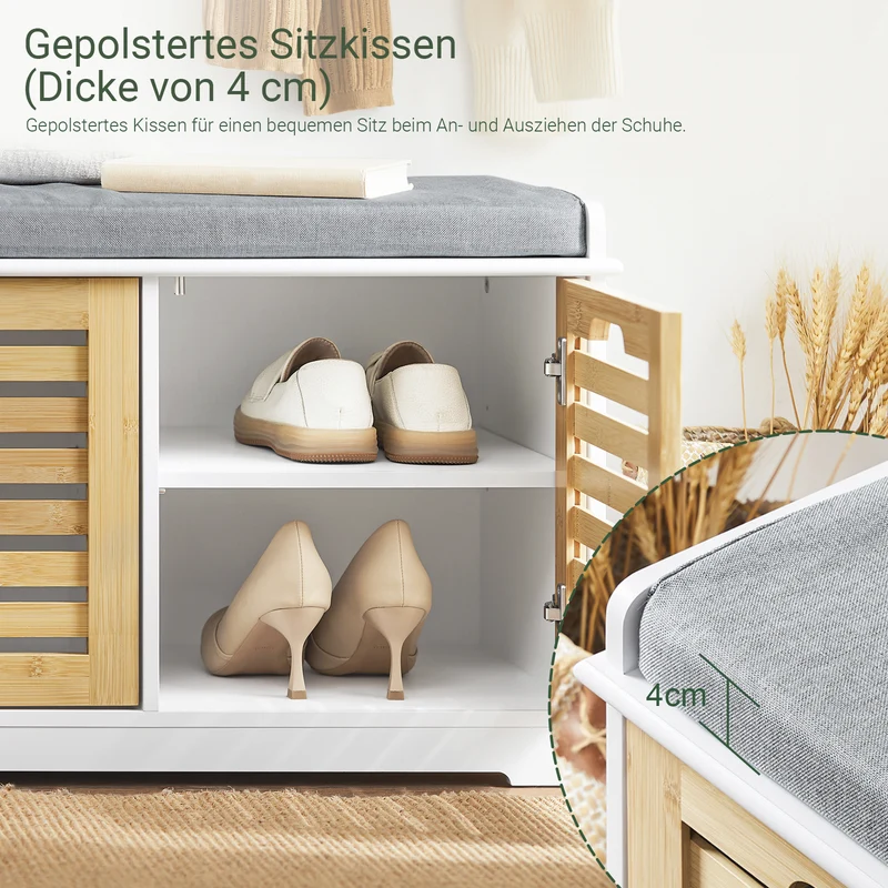 SoBuy | Schuhbank mit Sitzfläche | Sitzkommode mit 2 Türen | Schuhtruhe | Weiß-Natur | FSR23-II-WN