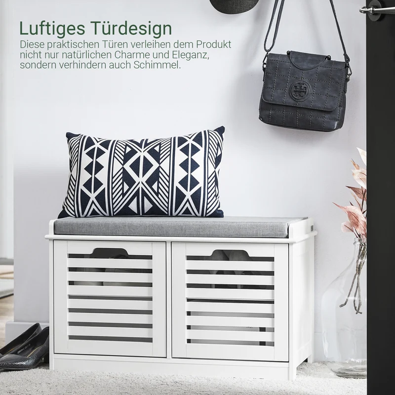 SoBuy | Schuhbank mit Sitzfläche | Sitzkommode mit 2 Türen | Schuhtruhe | Weiß | FSR23-II-W