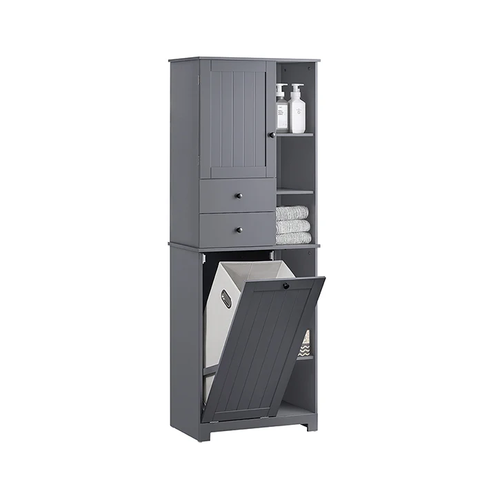 SoBuy | Hochschrank mit Wäschesack | Badschrank | Wäscheschrank | Badregal | Dunkelgrau | BZR104-DG