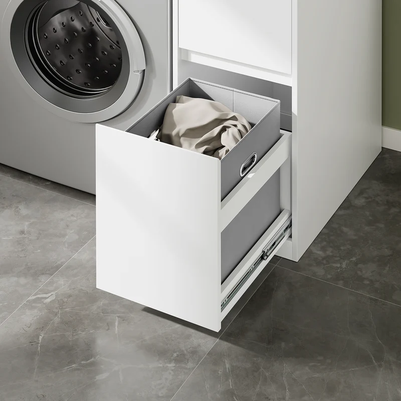 SoBuy Waschmaschinenschrank mit Wäschekorb Weiß BZR223-WN