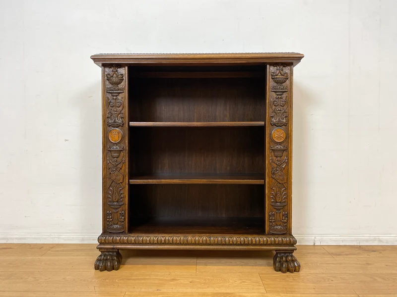 Besonderes antikes Regal handverziert mit Berliner Wappen, preußischen Adler und mächtigen Löwenfüßen I Vollholz Holzregal Bücherregal Bücherschrank Gründerzeit Kaiser Bär Historismus Vintage I
