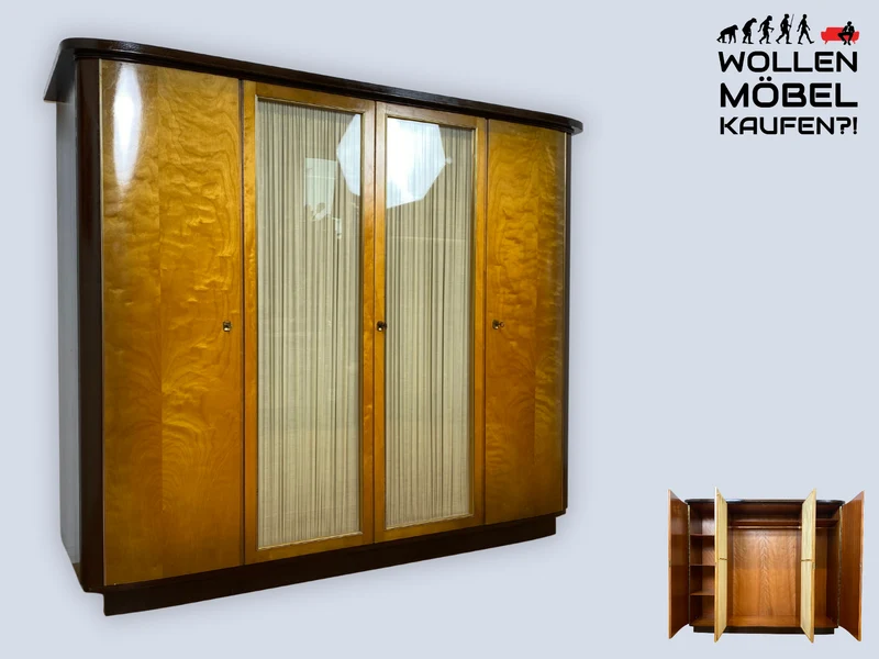 Stilvoller & hochwertiger Mid-Century Kleiderschrank mit Glastüren und Vorhängen I Vollholz I Schrank Schlafzimmerschrank Wäscheschrank Wardrobe Rockabilly Vintage 50er 60er