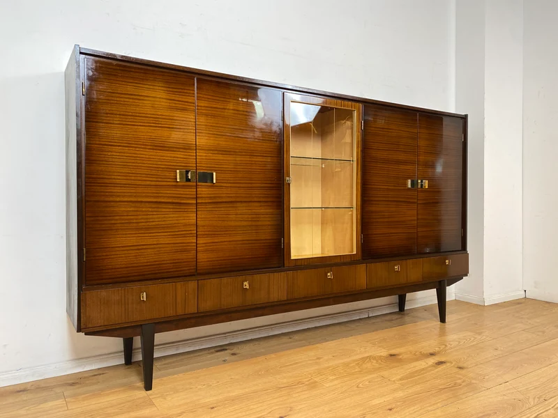 Besonders schöner dunkler Hochglanz Mid-Century Wohnzimmerschrank mit Vitrine und Schubladen I Schrankwand Highboard Sideboard Buffet Anrichte Wohnwand Vintage 50er 60er I