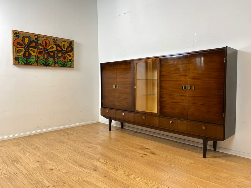 Besonders schöner dunkler Hochglanz Mid-Century Wohnzimmerschrank mit Vitrine und Schubladen I Schrankwand Highboard Sideboard Buffet Anrichte Wohnwand Vintage 50er 60er I