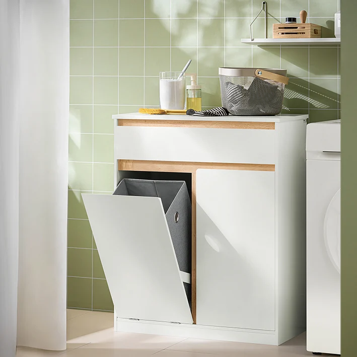 SoBuy | Wäscheschrank mit Wäschesack | Wäschesammler | Badmöbel | Weiß | BZR79-W