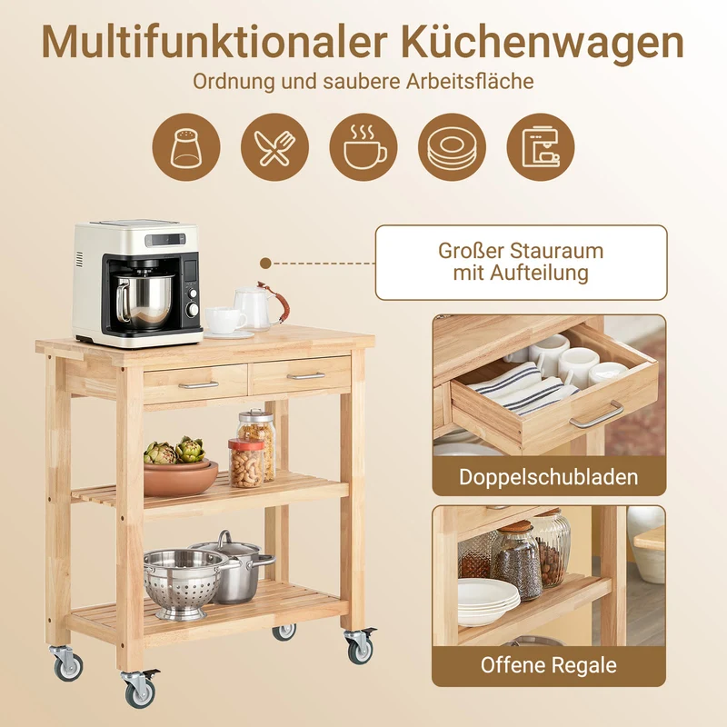 SoBuy | Küchenwagen | aus Kautschukholz | Servierwagen | FKW24-II-N