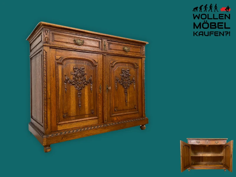 Vornehme handverzierte antike Anrichte aus Eiche mit Schubladen und edlem Messingbeschlag I Schrank Kommode Wickelkommode Küchenschrank Bauernschrank Sideboard Jugendstil Vintage I