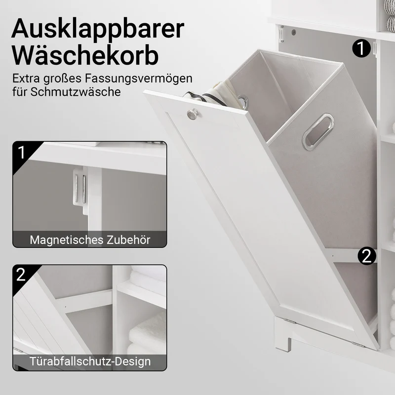 SoBuy | Hochschrank | mit ausklappbarem Wäschesack | Badschrank | Badregal | Weiß | BZR104-W