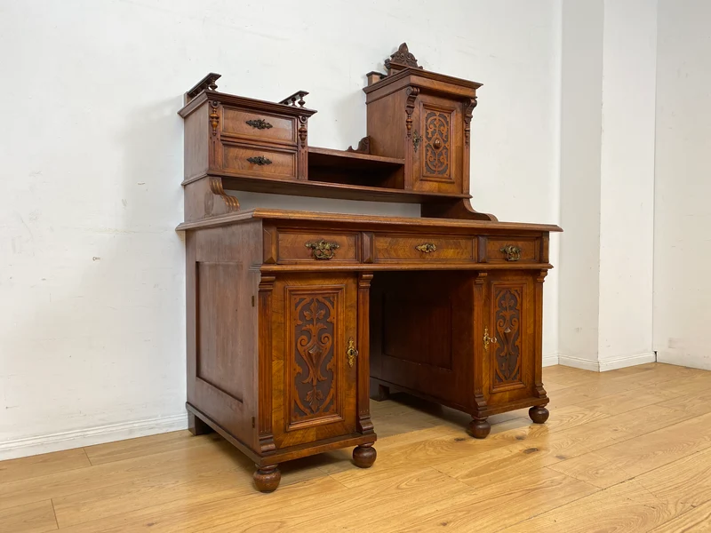 Wunderschöner antiker Schreibtisch mit Aufsatz, gedrechselten Balustern und kannelierten Pilastern I Aufsatzschreibtisch Sekretär Desk Gründerzeit Historismus Vintage I