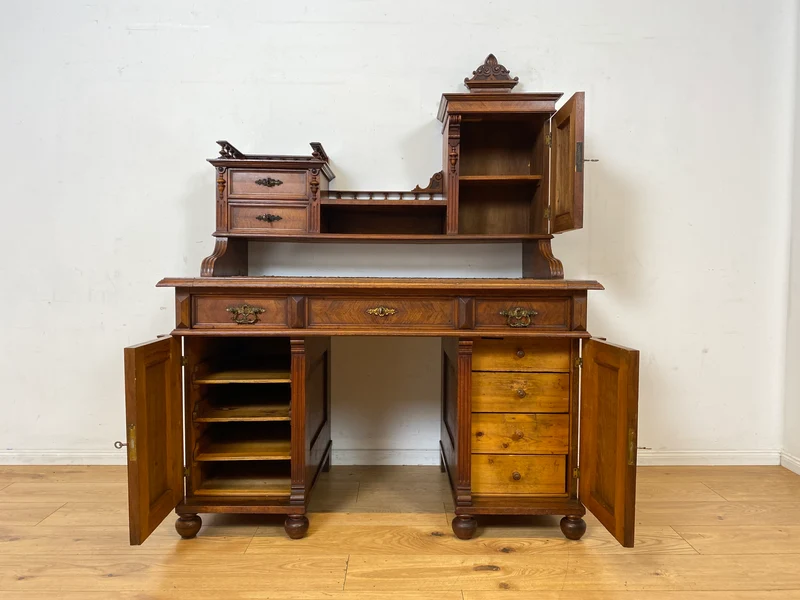 Wunderschöner antiker Schreibtisch mit Aufsatz, gedrechselten Balustern und kannelierten Pilastern I Aufsatzschreibtisch Sekretär Desk Gründerzeit Historismus Vintage I