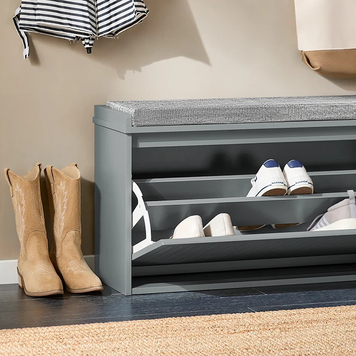 SoBuy | Schuhkipper | Schuhbank mit Klappe | mit Sitzkissen | Hellgrau| FSR98-L-HG