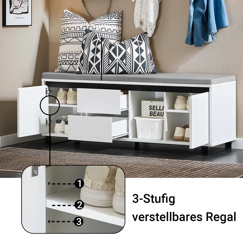 SoBuy | Schuhbank mit 2 Schubladen | Sitzbank | schuhschrank | Dielenbank | Weiß | FSR176-W