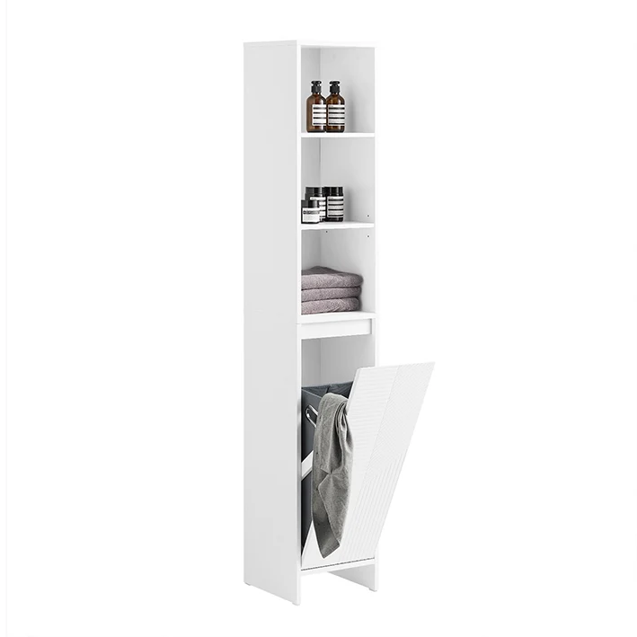 SoBuy | Hochschrank mit Wäschesack | Badschrank | Wäscheschrank | Badregal Weiß | BZR158-W