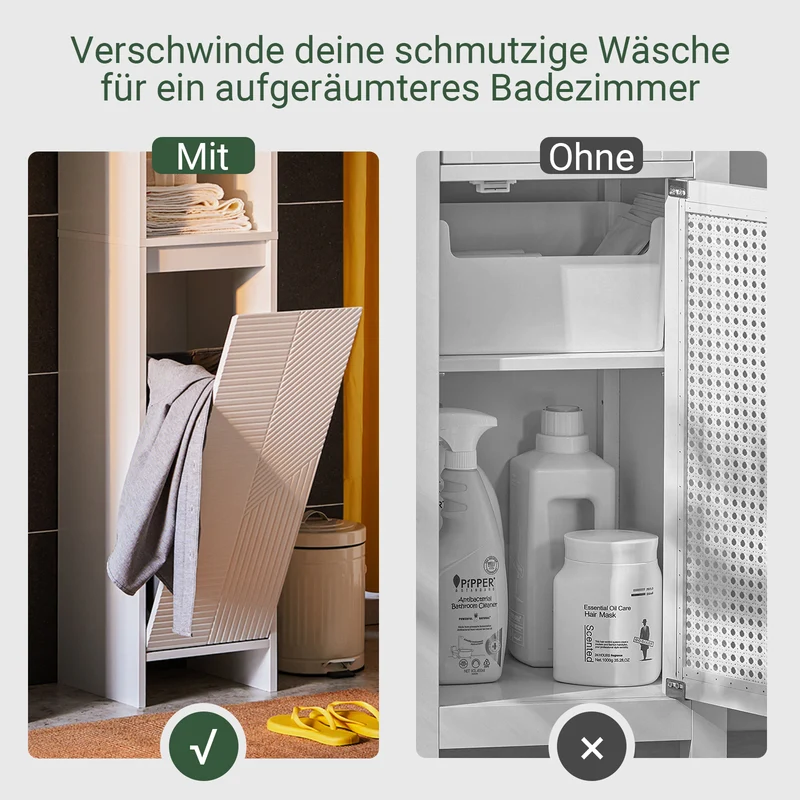 SoBuy | Hochschrank mit Wäschesack | Badschrank | Wäscheschrank | Badregal Weiß | BZR158-W