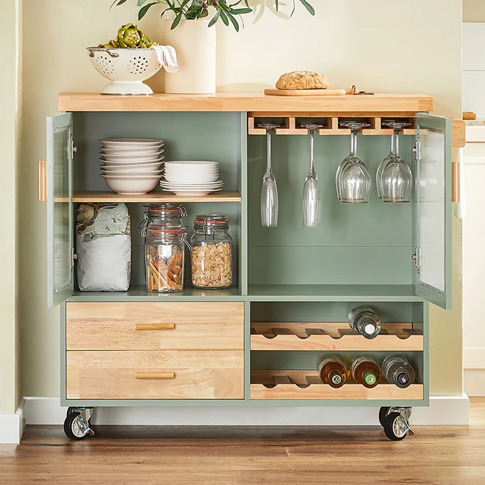 SoBuy | Küchenwagen mit Flaschenablage | Kücheninsel mit Weinglashalter | Sideboard | Grün | FKW114-GR